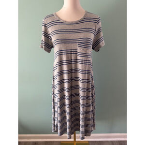 Women's LuLaRoe Carly Dress XXS Gray Blue Striped Casual